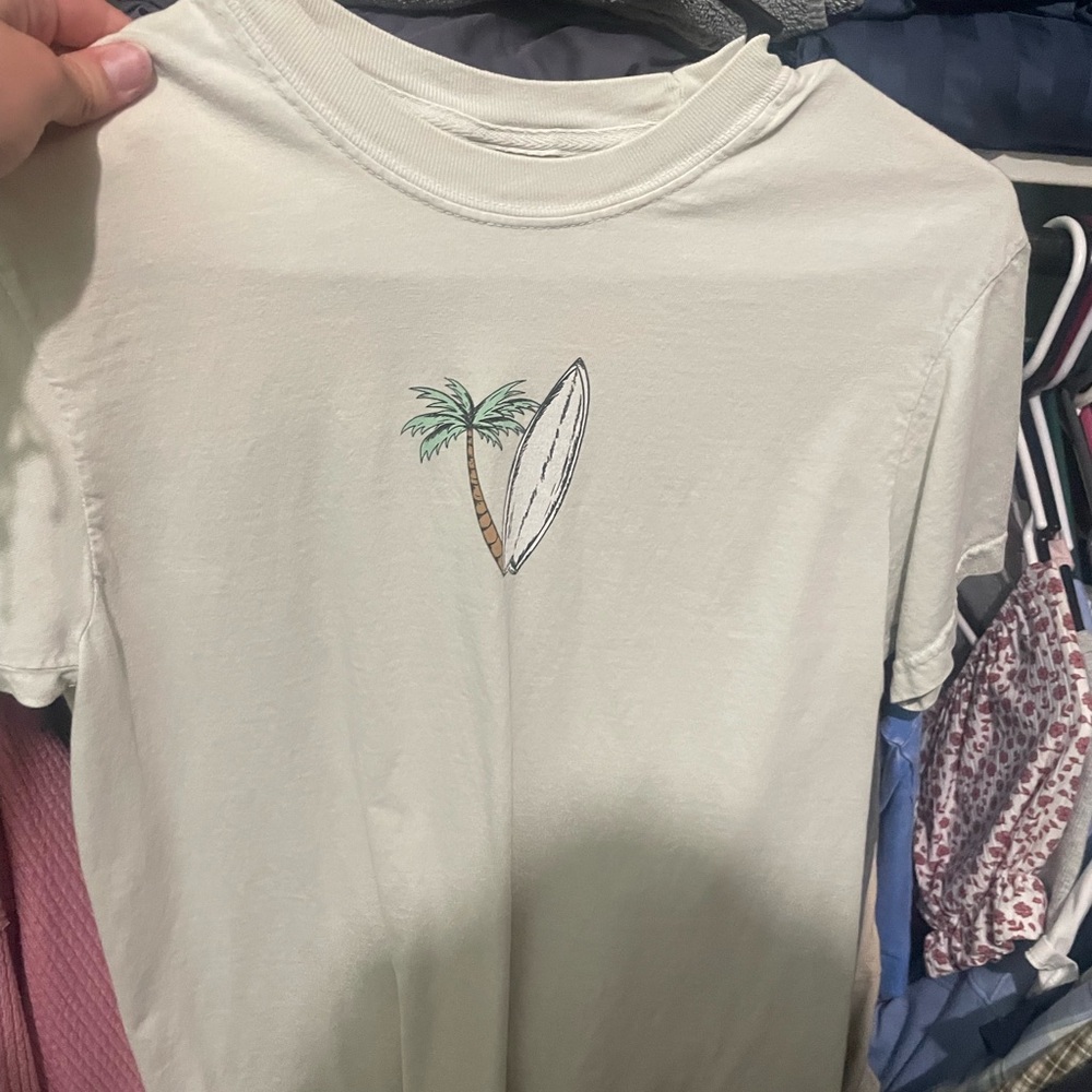 White T-Shirt with Palm Tree and Surfboard Design